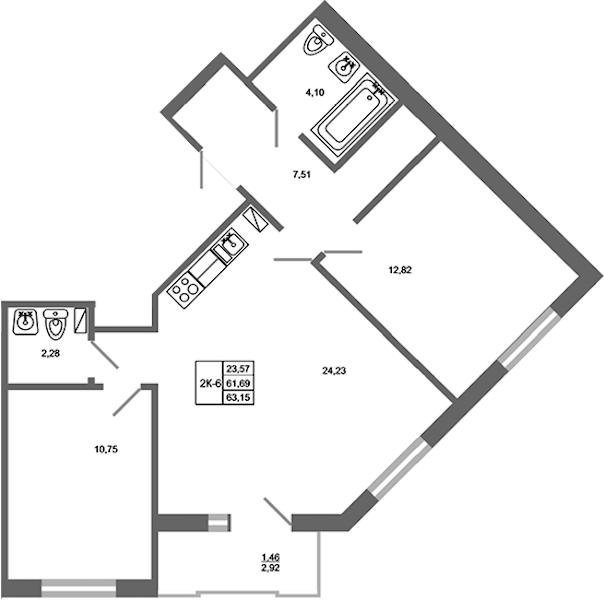 2-комнатная квартира 63.15 м², 10/17 эт., ЖК «Стороны Света 2»